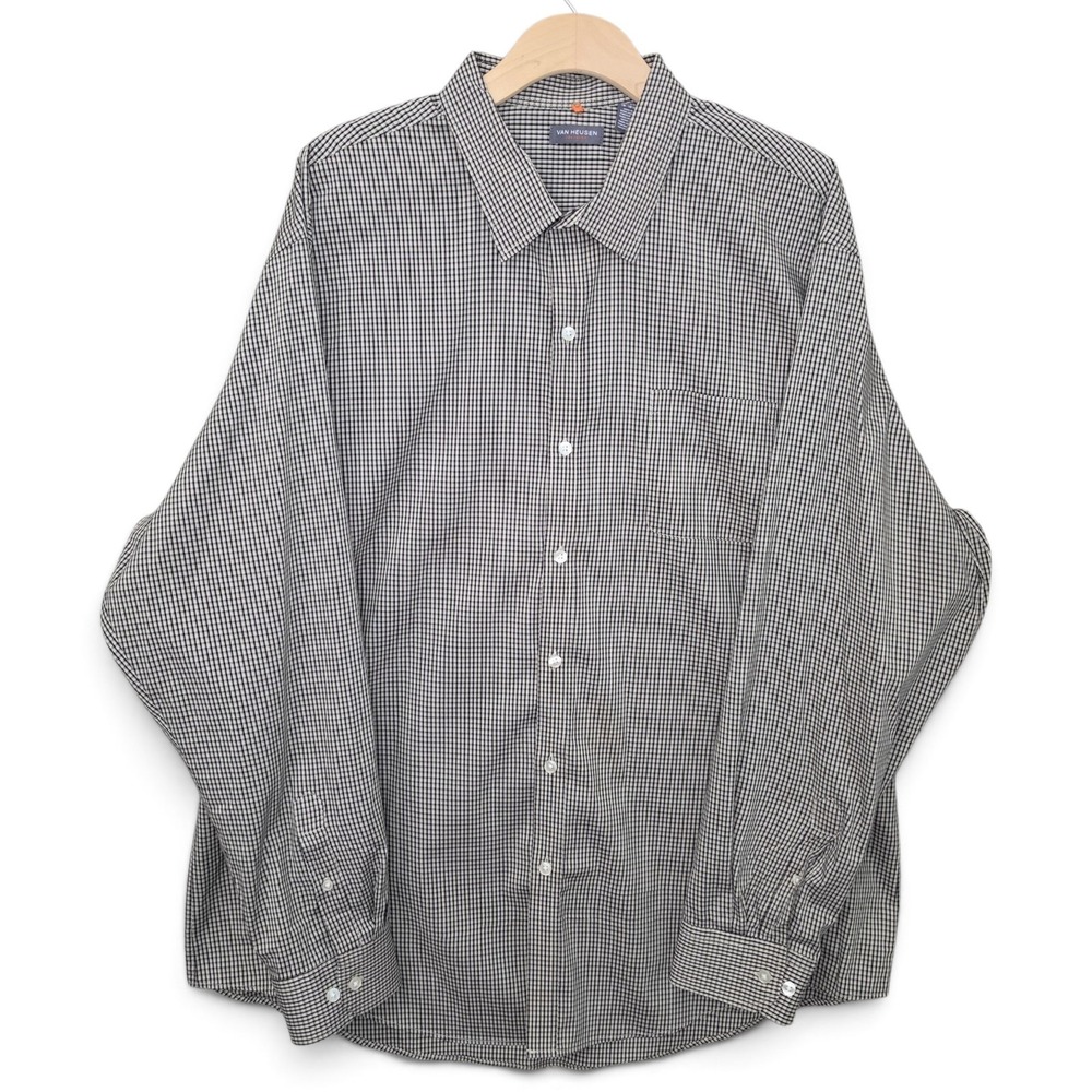 Van Heusen Shirt Mens 2XL 18-18.5 Button Up Traveler Gingham Check Black LS